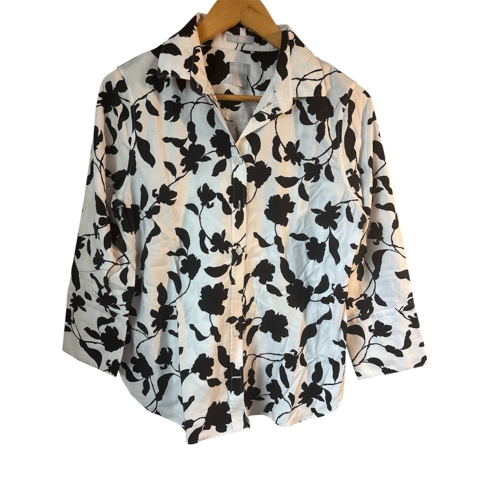 Chico's No-Iron Floral Button-Up Shirt Black White Size .5 S-6 Career Gardencore
